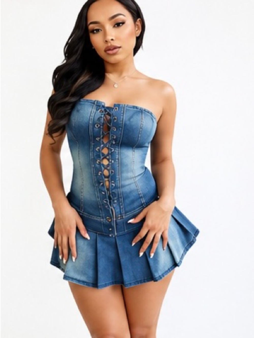 Lace Up Slim Fit Tube Top Pleated Mini Skirt Denim Matching Set